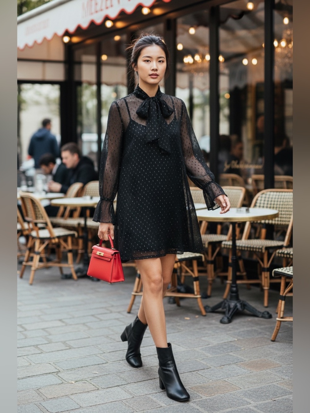 Theory NWT Black Sheer Glitter Tie Neck Bell Sleeve Mini Dress 6